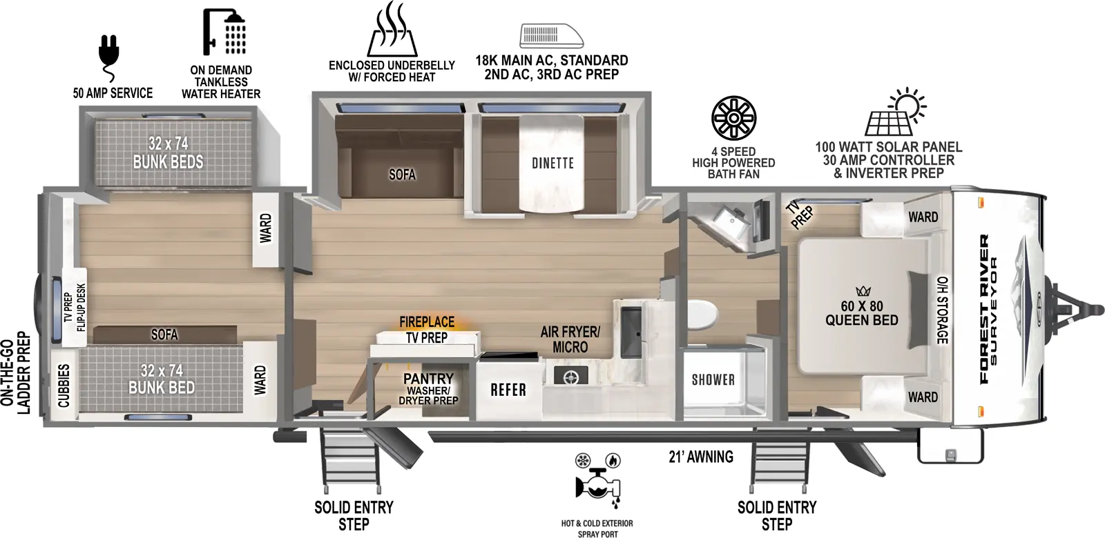 The Surveyor Legend X 32CAMP floorplan has two entries and two slide outs. Exterior features include: fiberglass exterior and 21' awning. Interiors features include: bunk beds, front bedroom and pass through bathroom.